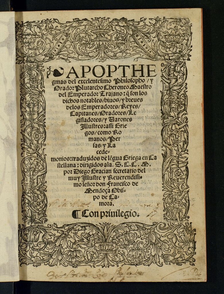 Miniatura de Apopthegmas del excelentesimo Philosopho y Orador Plutarcho Cheroneo Maestro del Emperador Trajano...