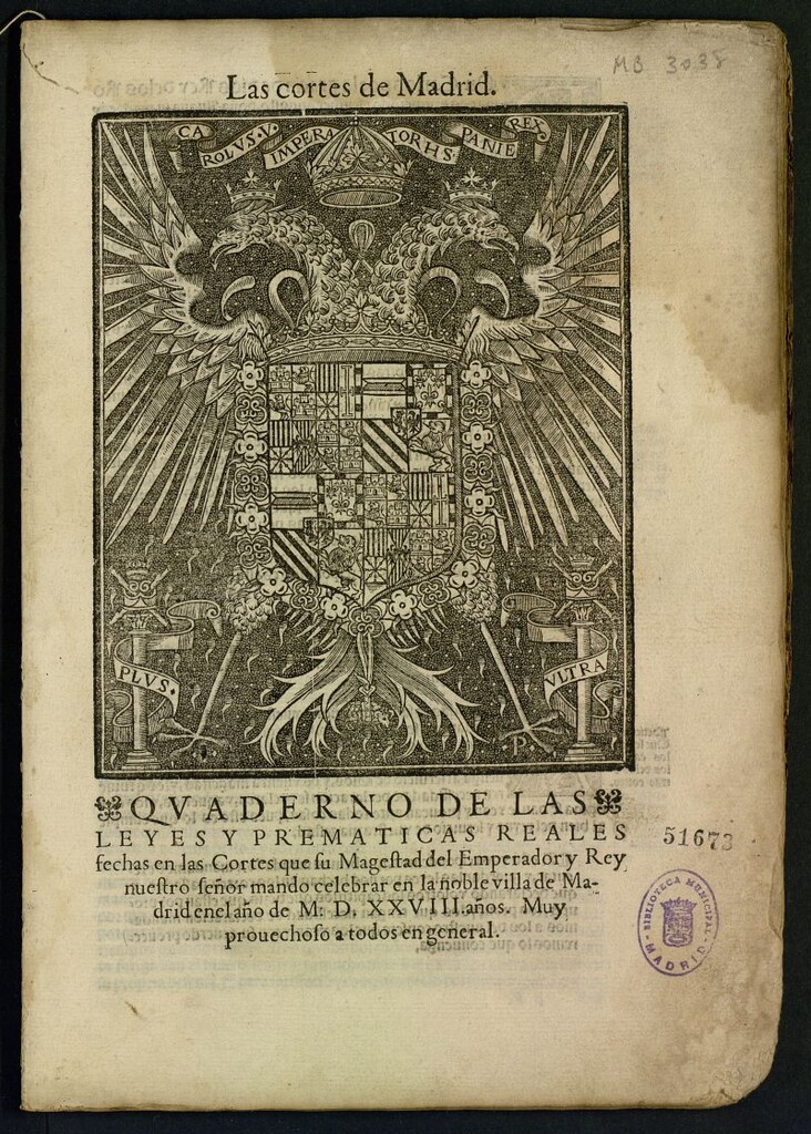 Miniatura de Quaderno de las leyes y prematicas reales fechas en las Cortes que su Magestad del Emperador y Rey nestro señor mando celebrar en la noble villa de Madrid en el año de M.D.XXVIII...