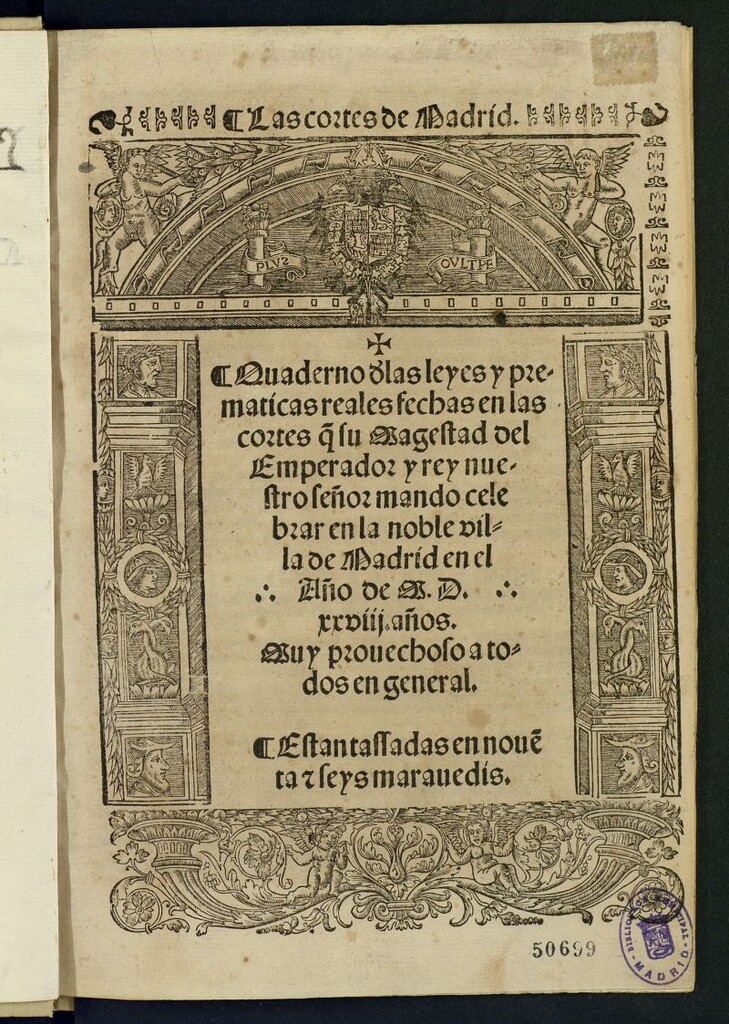 Miniatura de Quaderno d[e] las leyes y prematicas reales fechas en las cortes q[ue] su Magestad del Emperador y rey nuestro señor mando celebrar en la noble villa de Madrid en el Año de M.D.xxviij. años...