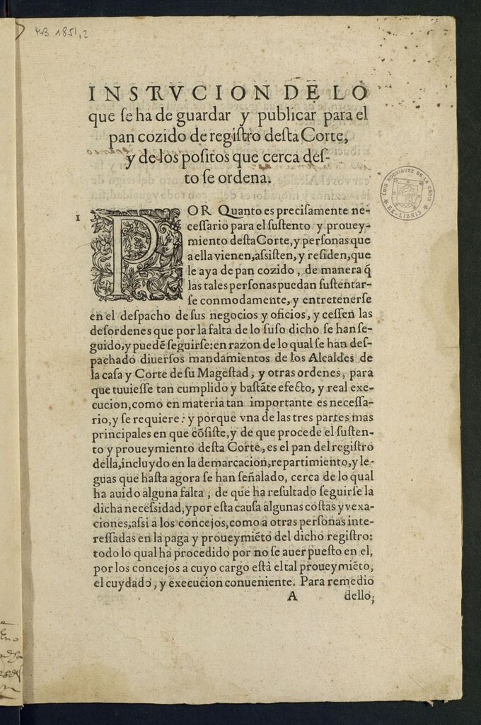 Miniatura de Instrucion de lo que se ha de guardar y publicar para el pan cozido de registro desta Corte, y de los positos que cerca desto se ordena