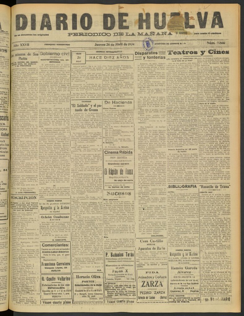 Miniatura de Diario de Huelva : periódico independiente del 26 de abril de 1934