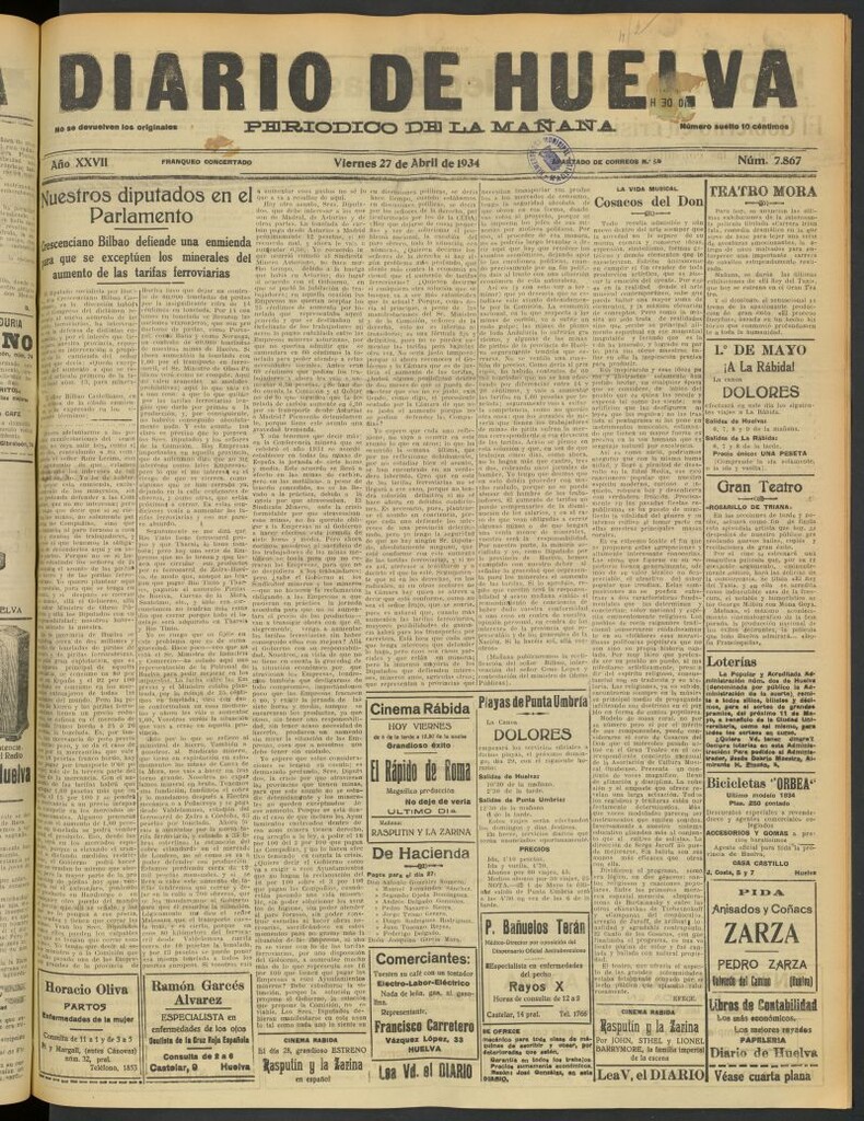 Miniatura de Diario de Huelva : periódico independiente del 27 de abril de 1934