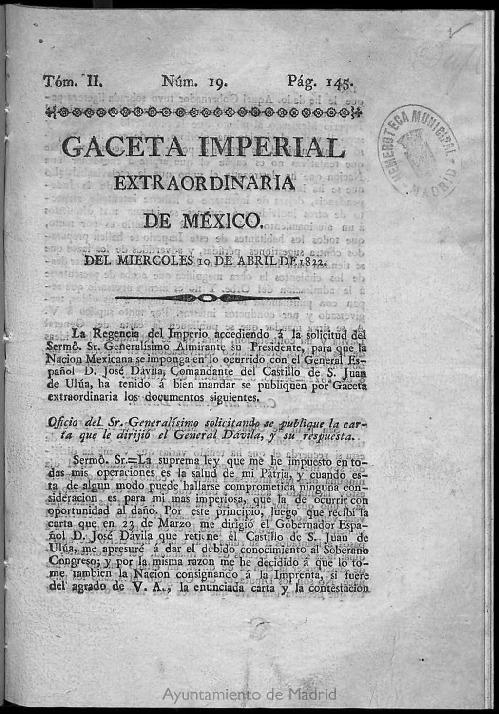 Miniatura de Gaceta Imperial de México del miércoles 10 de abril de 1822
