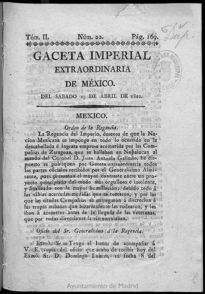 Miniatura de Gaceta Imperial de México del sábado 13 de abril de 1822
