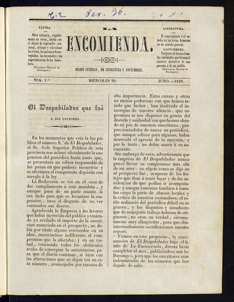 Miniatura de La Encomienda de 20 de junio de 1849, nº 1