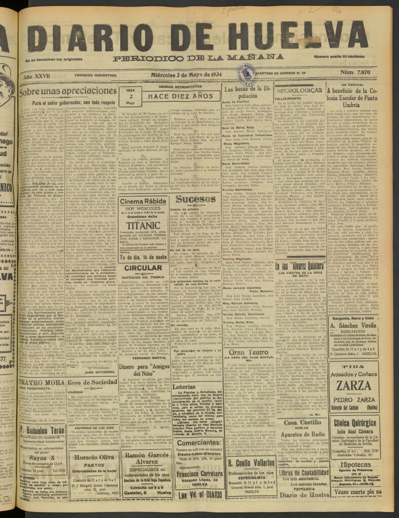 Miniatura de Diario de Huelva : periódico independiente del 2 de mayo de 1934