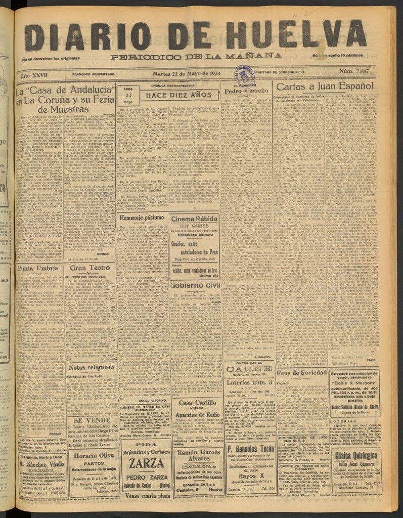 Miniatura de Diario de Huelva : periódico independiente del 22 de mayo de 1934