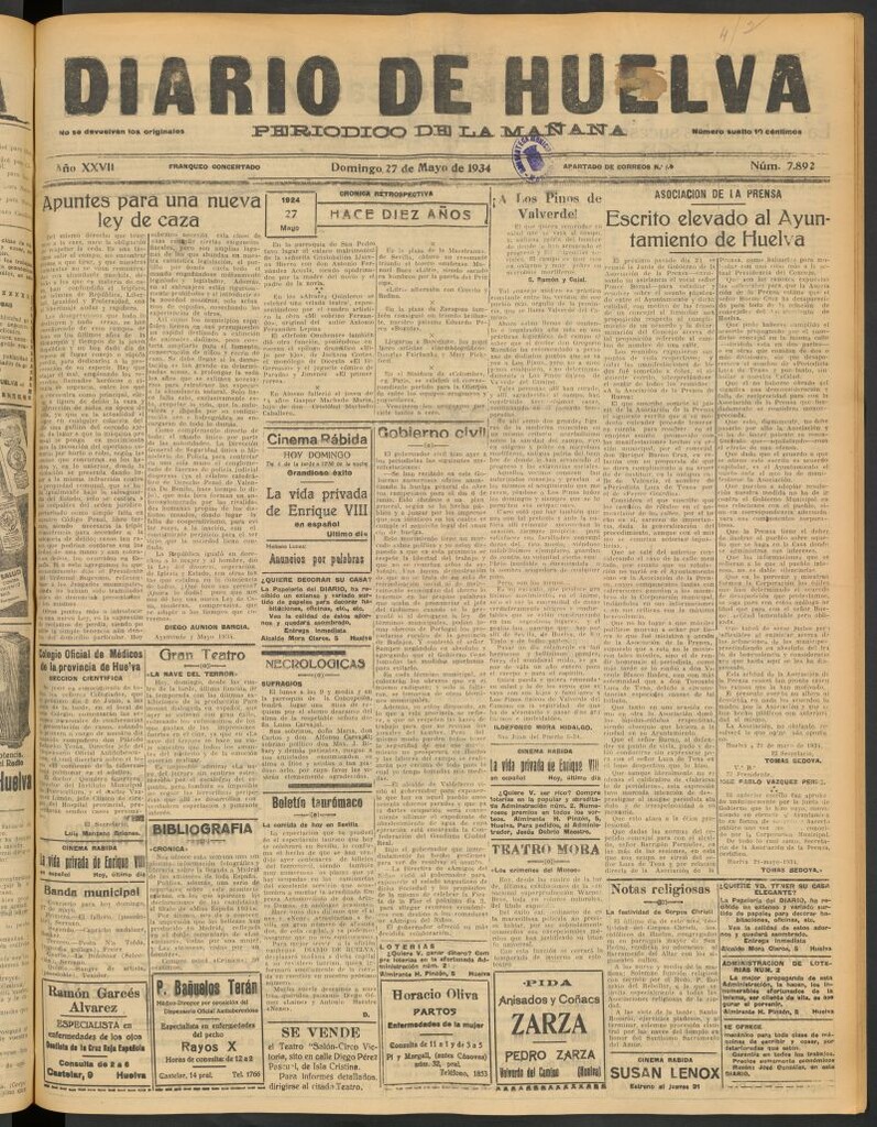 Miniatura de Diario de Huelva : periódico independiente del 27 de mayo de 1934