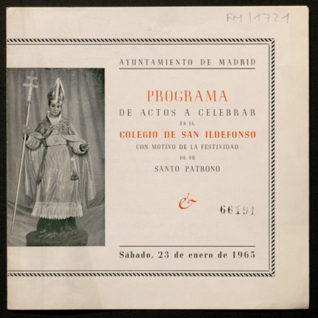 Miniatura de Programa de actos a celebrar en el Colegio de San Ildefonso con motivo de la festividad de su santo patrono, sábado 23 de enero de 1965