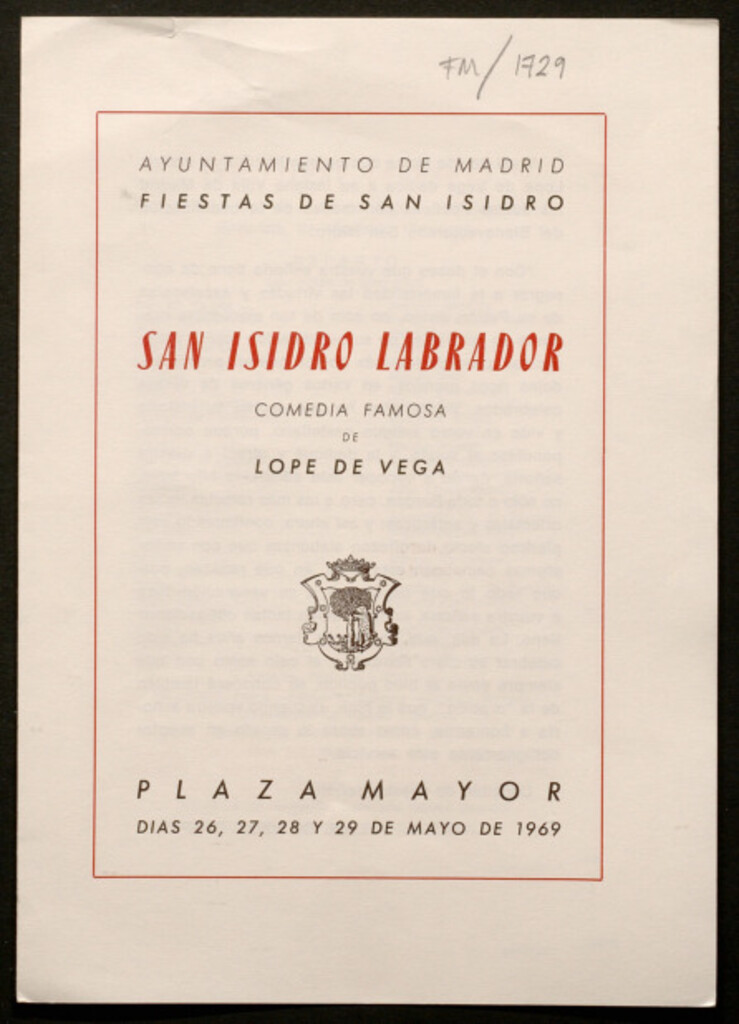 Miniatura de San Isidro labrador : comedia... de Lope de Vega : [programa] Plaza Mayor días 26, 27, 28 y 29 de mayo de 1969