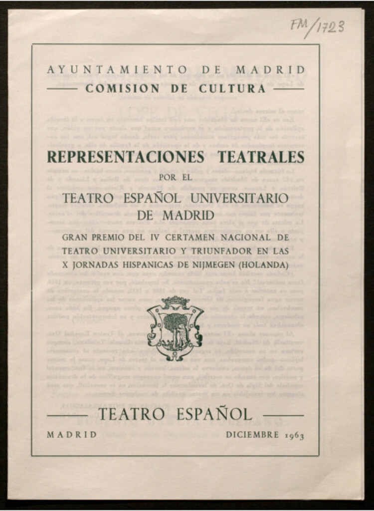 Miniatura de Representaciones teatrales por el Teatro Español Universitario de Madrid... [el acero de Madrid de Lope de Vega] Diciembre 1963 [programa]
