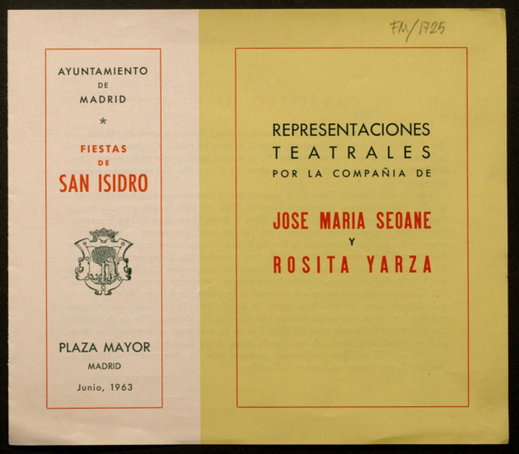 Miniatura de Representaciones teatrales por la Compañia de José María Seoane y Rosita Yarza : [programa] plaza Mayor junio 1963