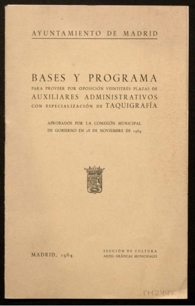 Miniatura de Bases y programa para proveer por oposición veintitrés plazas de auxiliares administrativos con especialización de taquigrafía...