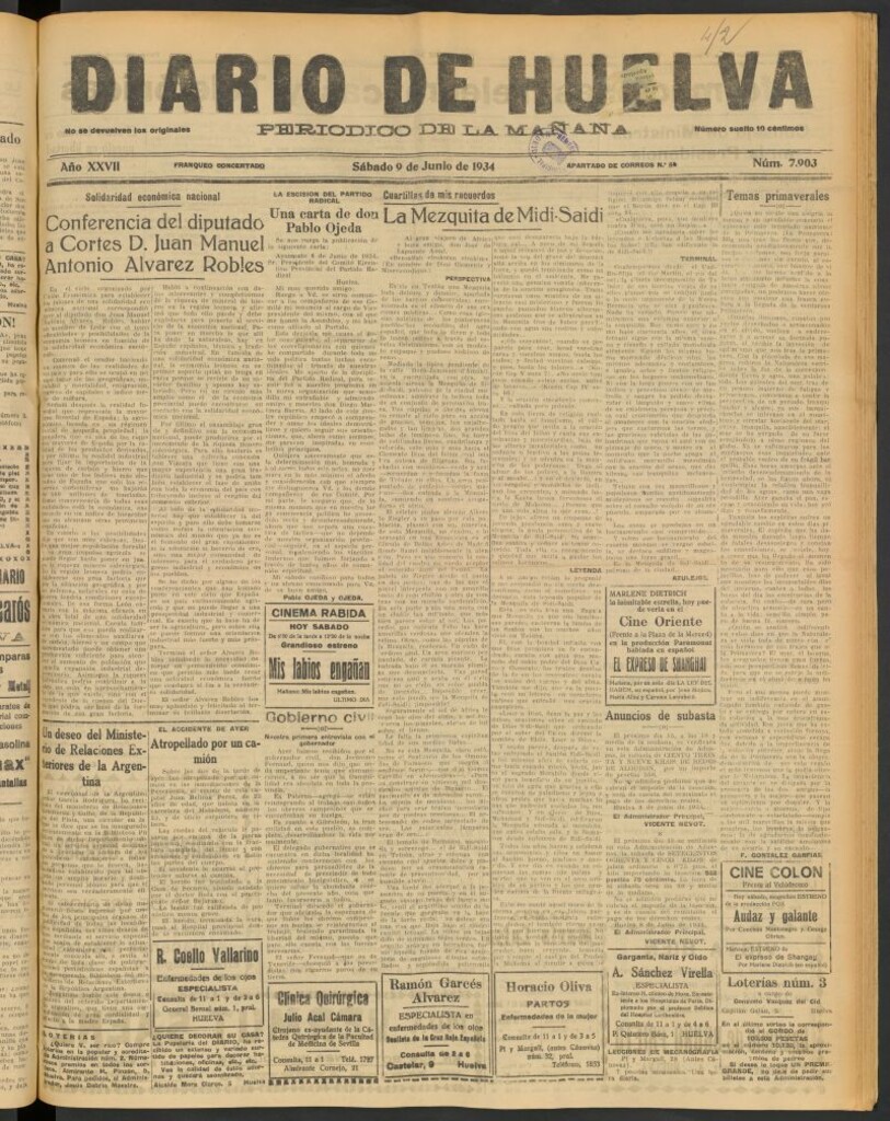 Miniatura de Diario de Huelva : periódico independiente del 9 de junio de 1934