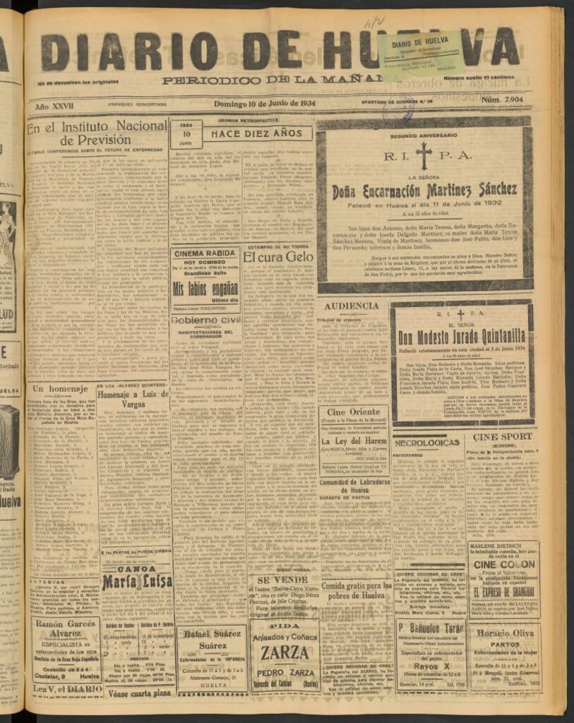 Miniatura de Diario de Huelva : periódico independiente del 10 de junio de 1934
