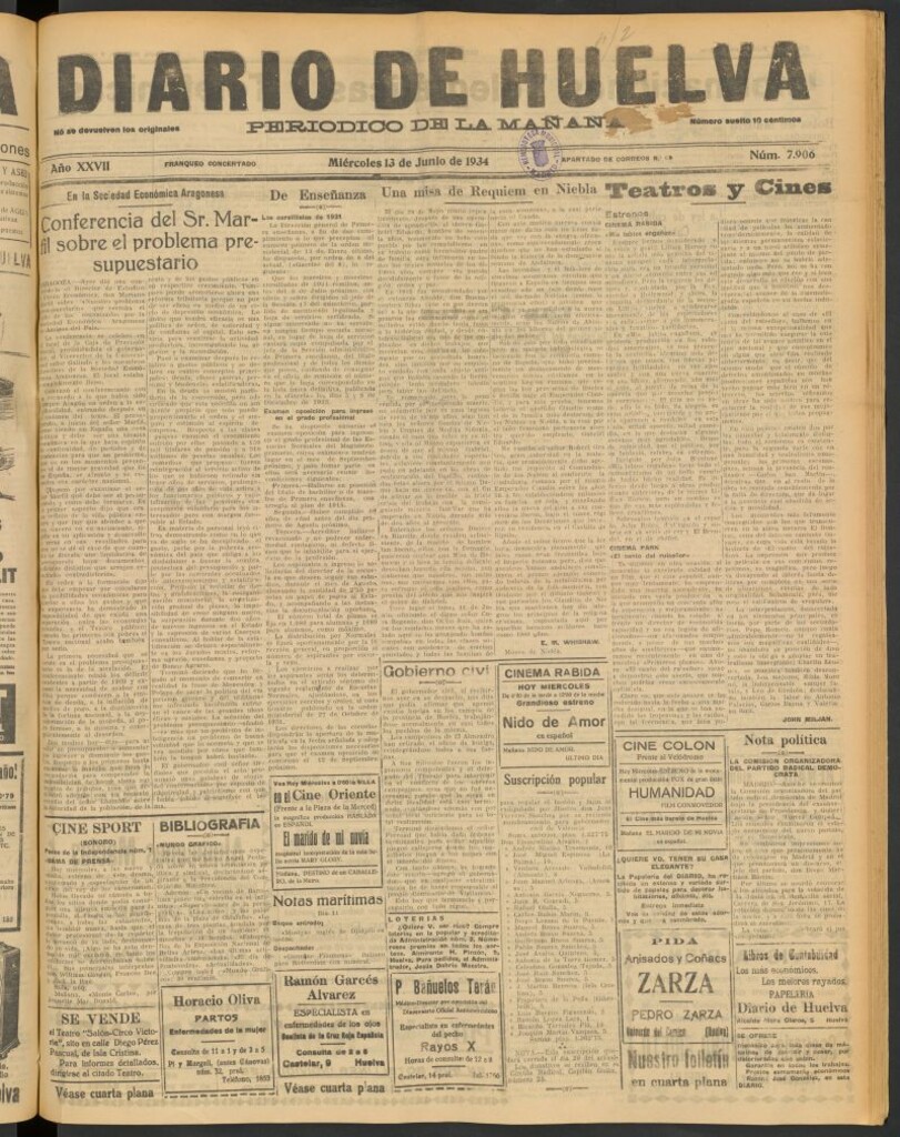 Miniatura de Diario de Huelva : periódico independiente del 13 de junio de 1934