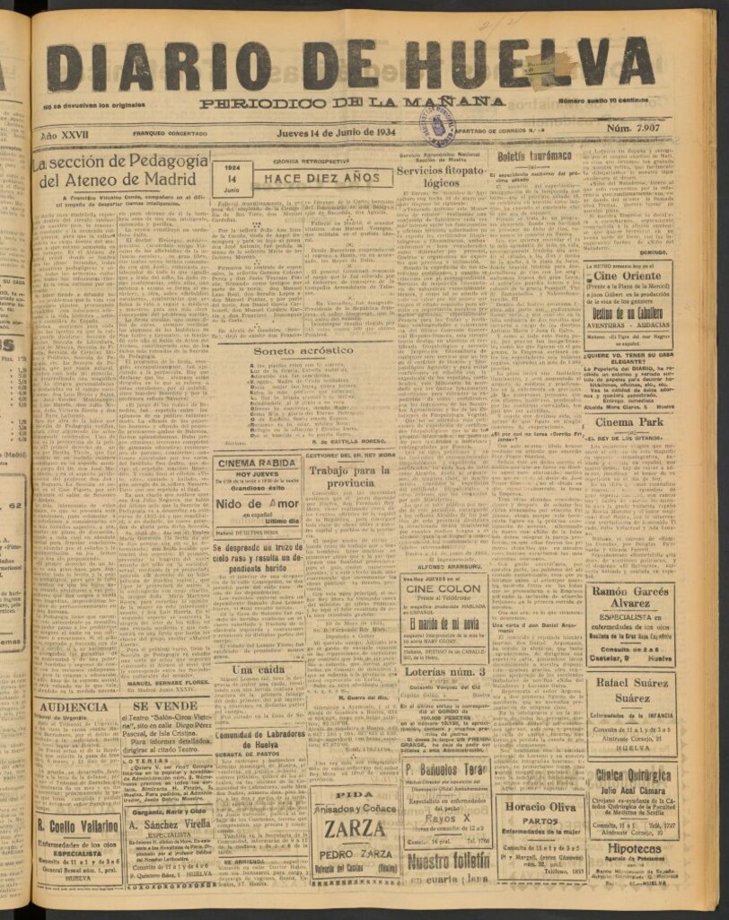 Miniatura de Diario de Huelva : periódico independiente del 14 de junio de 1934