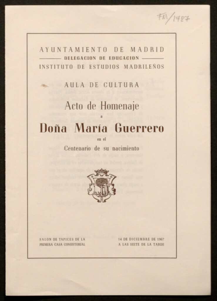 Miniatura de Acto de homenaje a Doña María Guerrero en el centenario de su nacimiento : [Programa]