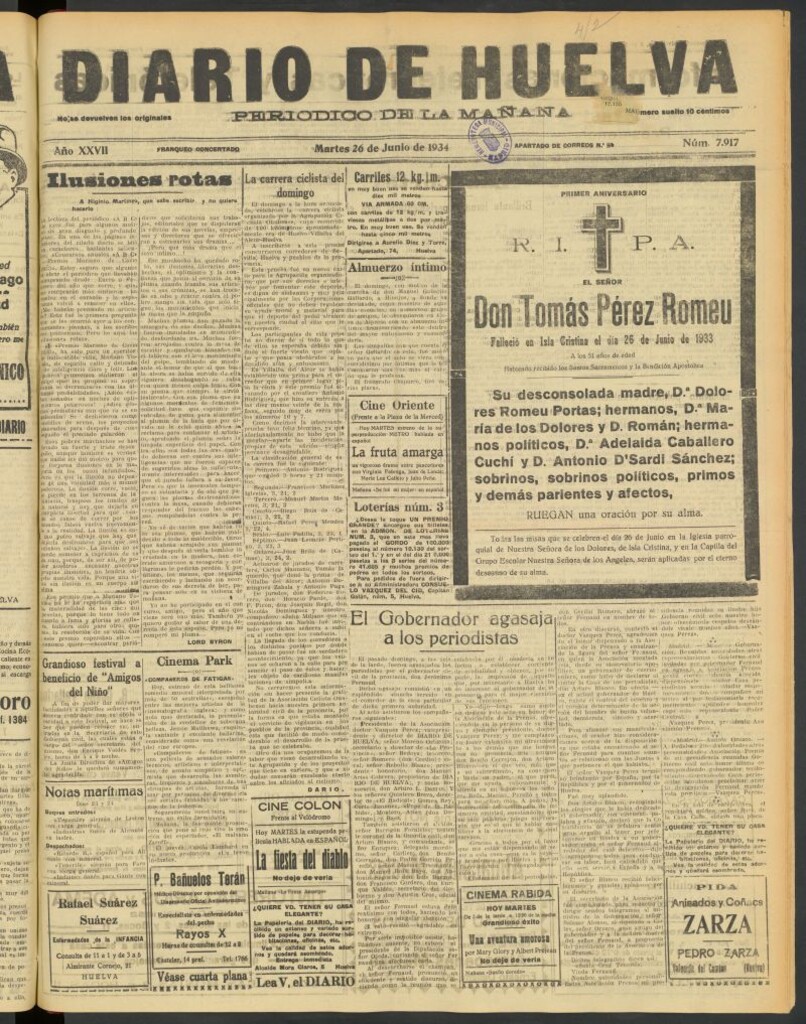 Miniatura de Diario de Huelva : periódico independiente del 26 de junio de 1934