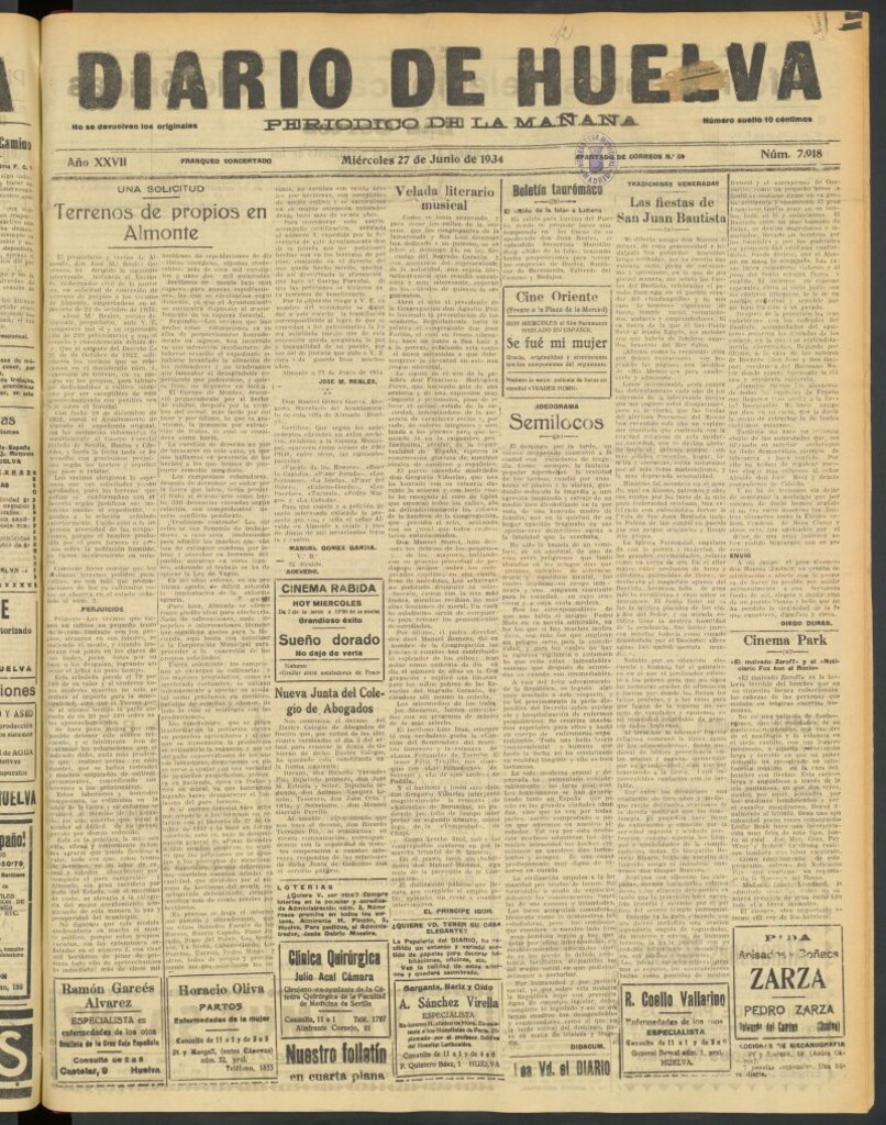Miniatura de Diario de Huelva : periódico independiente del 27 de junio de 1934