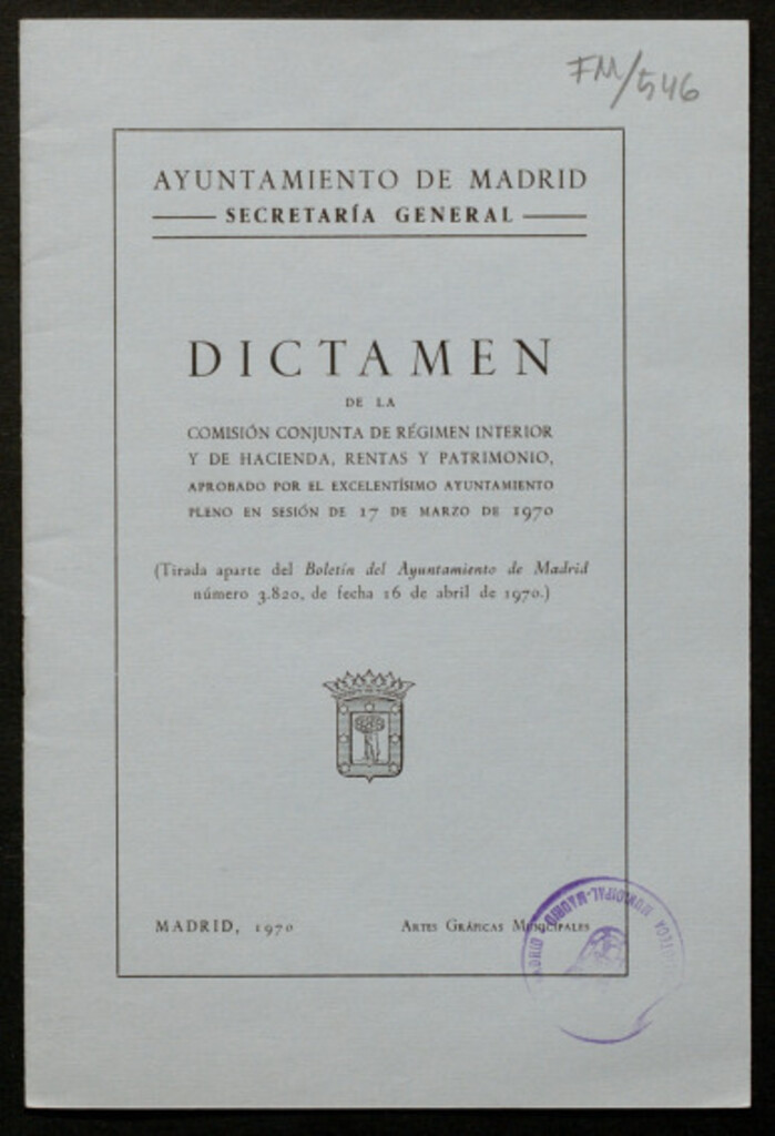 Miniatura de Dictamen de la comisión conjunta de régimen interior y de hacianda, rentas y patrimonio aprobado por el... pleno en sesión de 17 de marzo de 1970