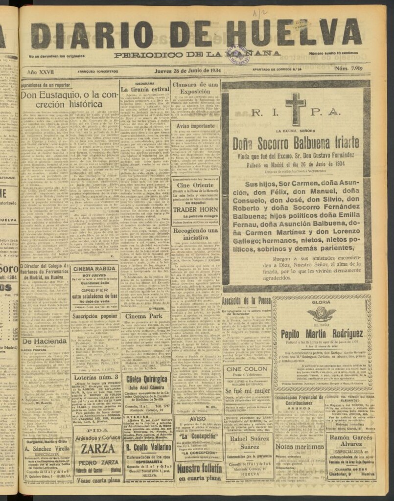Miniatura de Diario de Huelva : periódico independiente del 28 de junio de 1934
