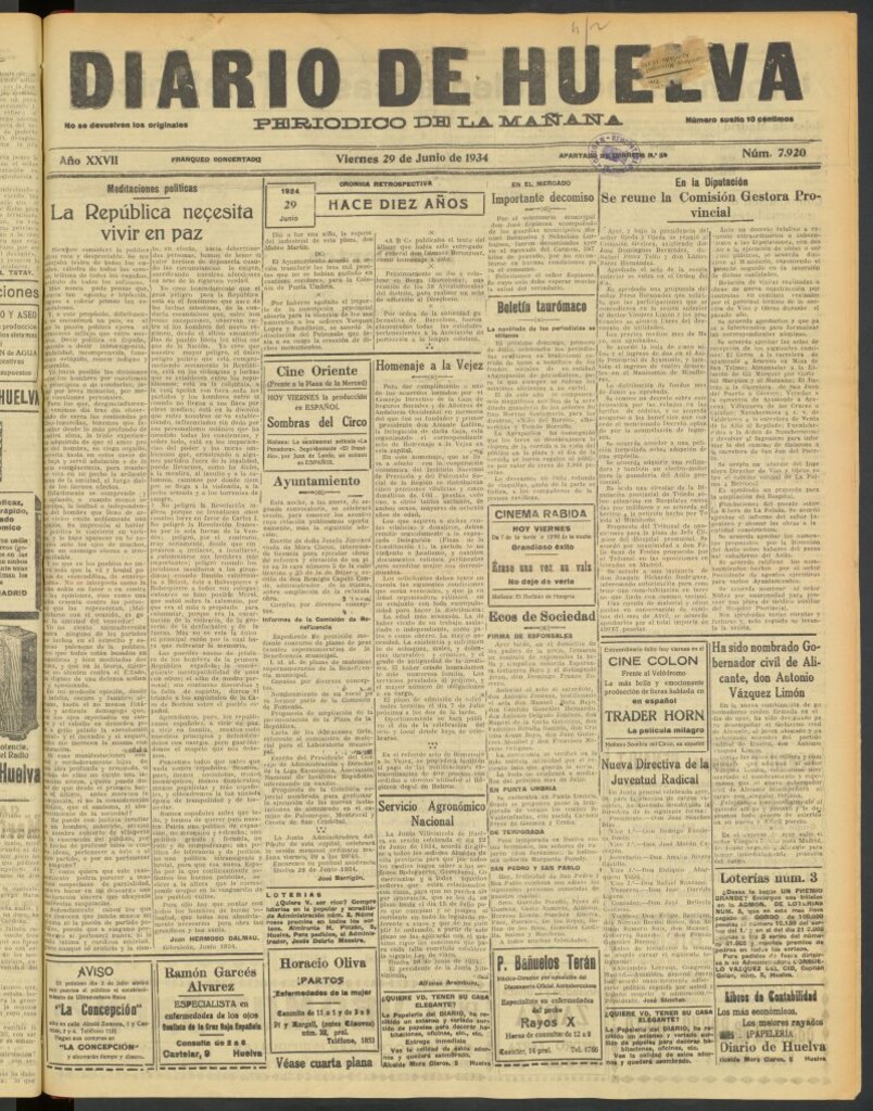 Miniatura de Diario de Huelva : periódico independiente del 29 de junio de 1934