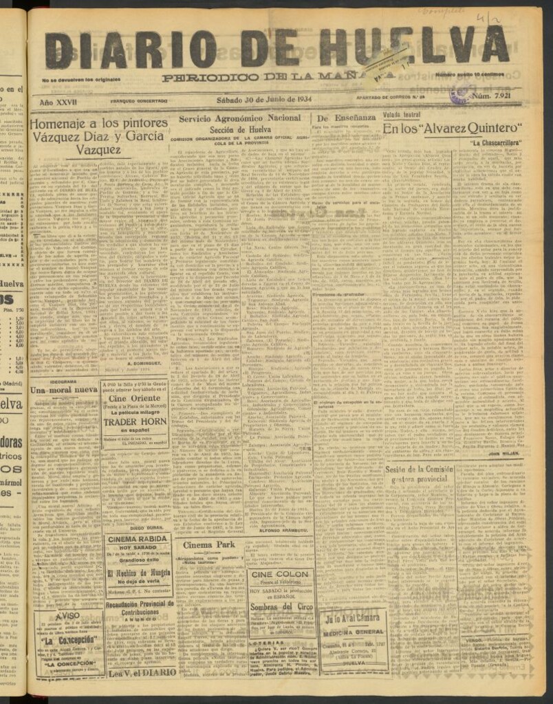 Miniatura de Diario de Huelva : periódico independiente del 30 de junio de 1934