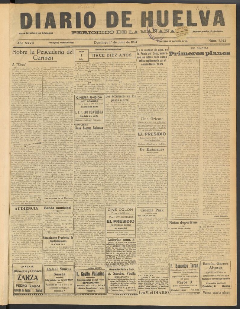 Miniatura de Diario de Huelva : periódico independiente del 1 de julio de 1934