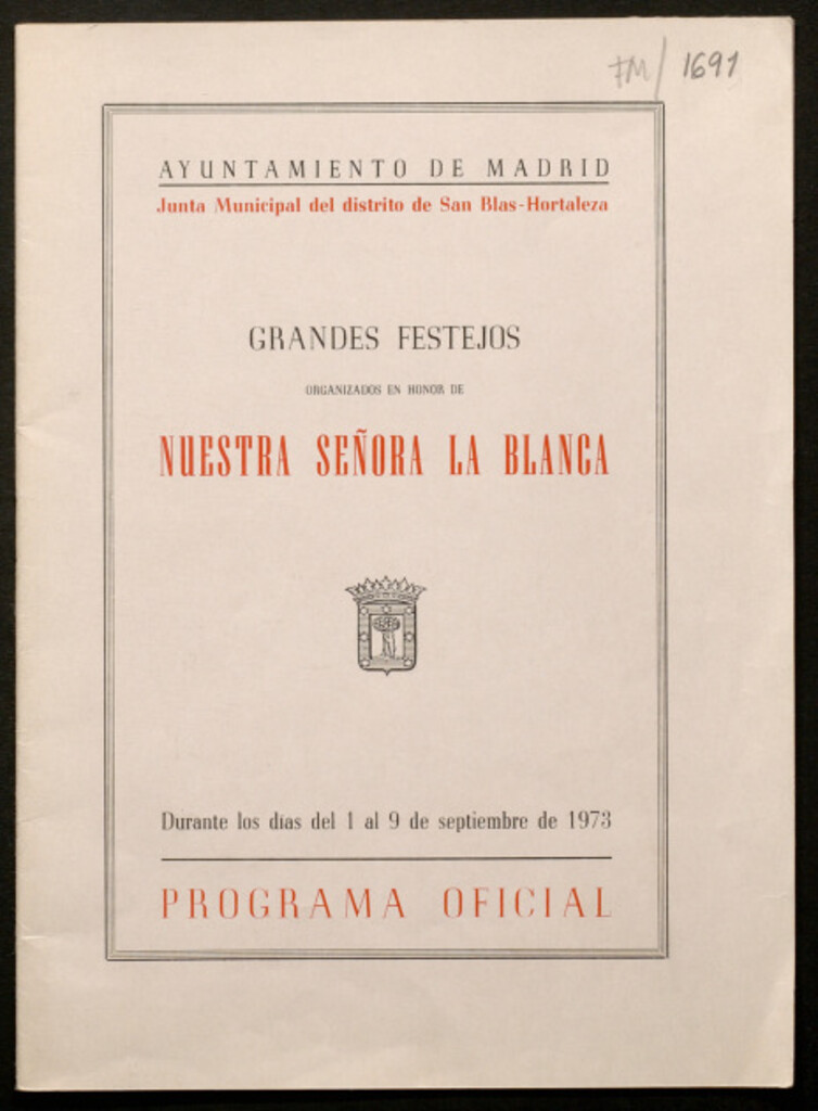 Miniatura de Grandes festejos organizados en honor de Nuestra Señora la Blanca durante los días del 1 al 9 de septiembre de 1973 : programa oficial