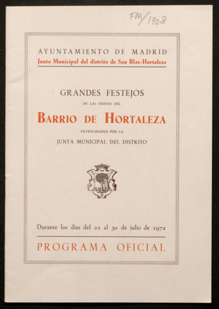 Miniatura de Grandes festejos de las fiestas del barrio de Hortaleza... durante los días del 22 al 30 de julio de 1972 : [programa]