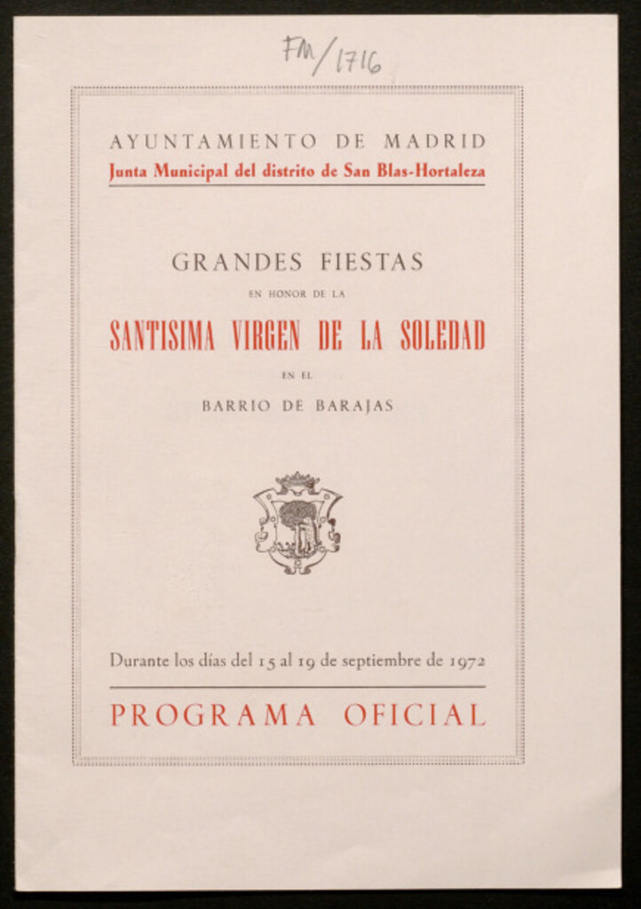 Miniatura de Grandes fiestas en honor de la Santísima Virgen de la Soledad en el barrio de Barajas durante los días del 15 al 19 de septiembre de 1972 : programa oficial