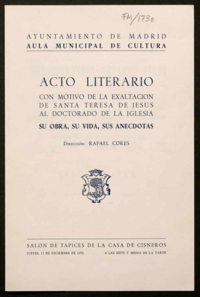Miniatura de Acto literario con motivo de la exaltación de Santa Teresa de Jesús al doctorado de la iglesia... : [Programa]