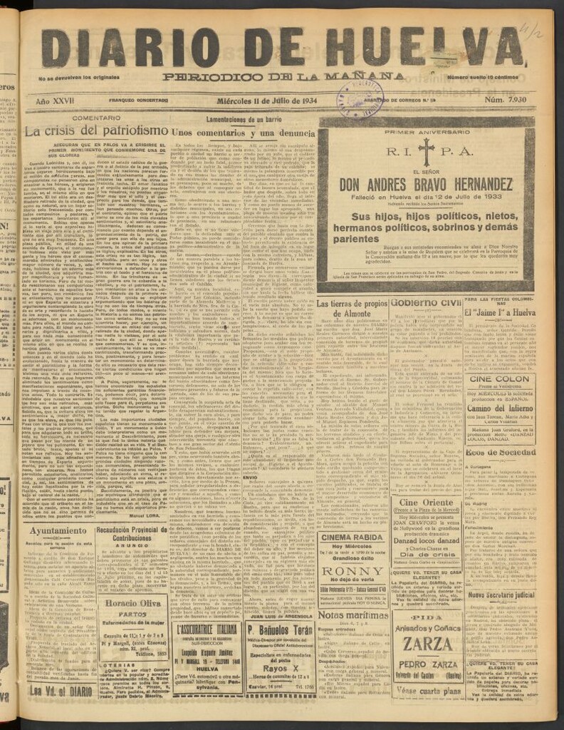 Miniatura de Diario de Huelva : periódico independiente del 11 de julio de 1934