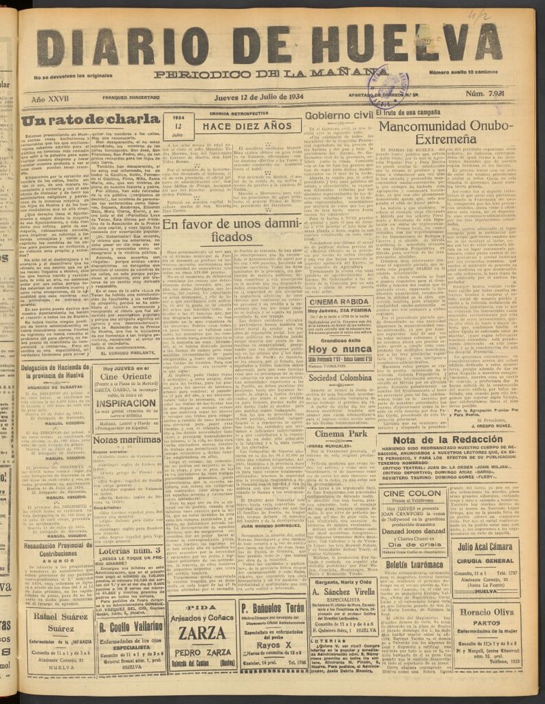 Miniatura de Diario de Huelva : periódico independiente del 12 de julio de 1934
