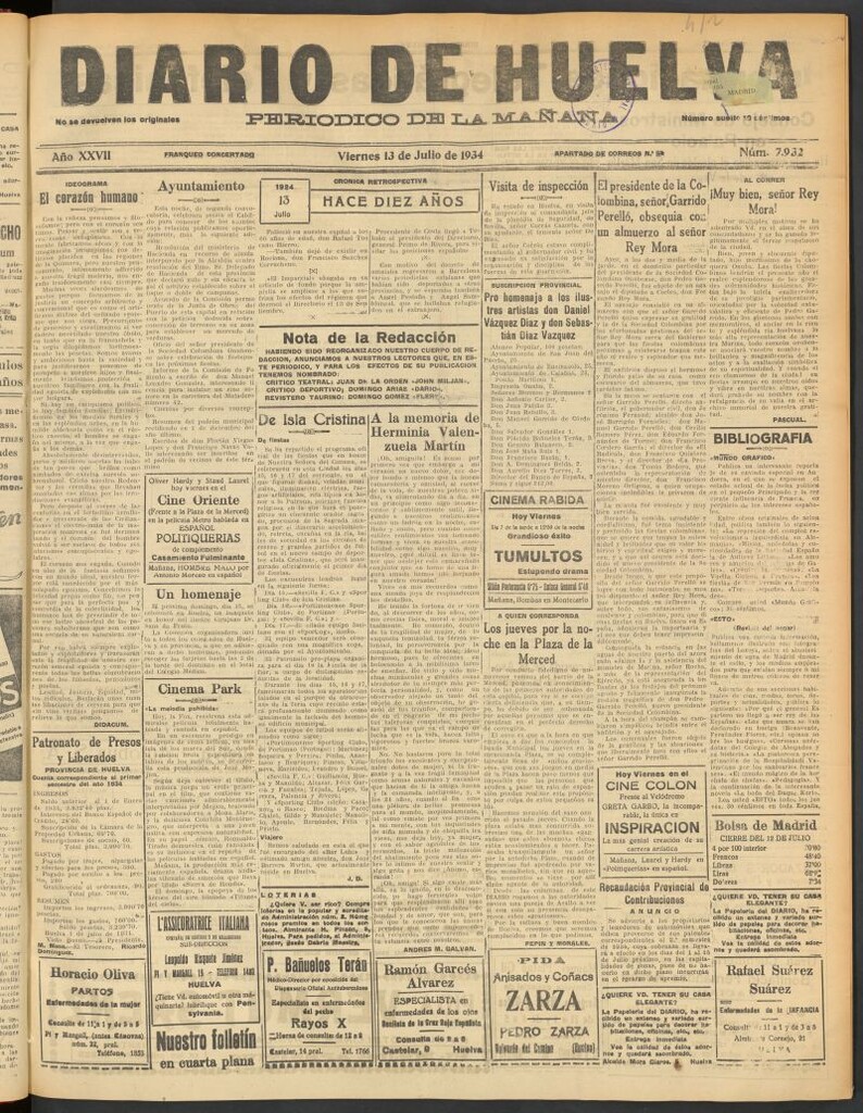 Miniatura de Diario de Huelva : periódico independiente del 13 de julio de 1934