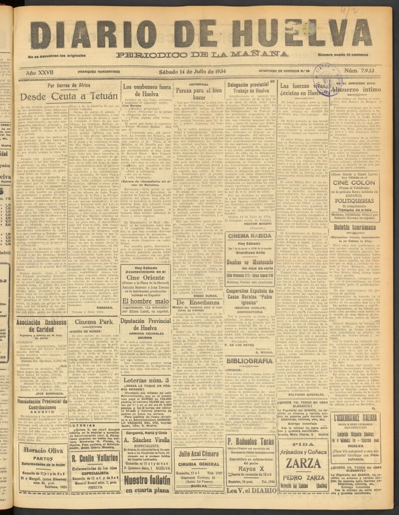 Miniatura de Diario de Huelva : periódico independiente del 14 de julio de 1934