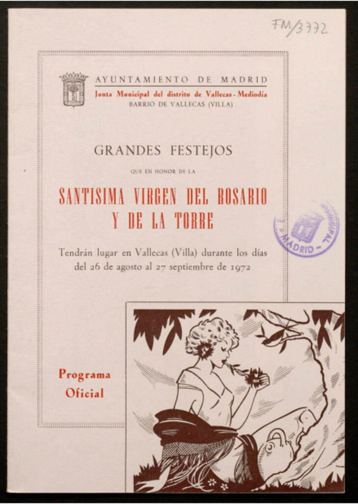 Miniatura de Grandes festejos que en honor de la Santísima Virgen del Rosario y de la Torre, tendrán lugar en Vallecas (villa), durante los días del 26 de agosto al 27 de septiembre de 1972 : programa oficial