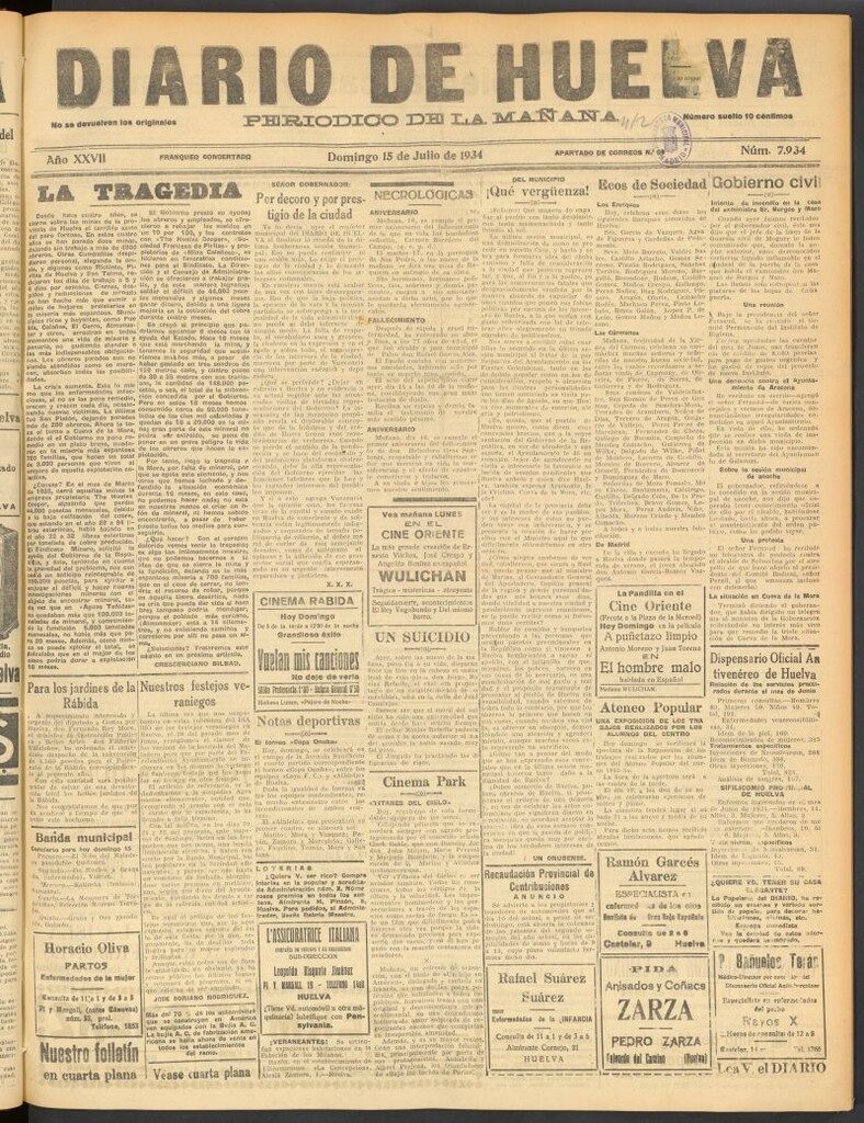 Miniatura de Diario de Huelva : periódico independiente del 15 de julio de 1934