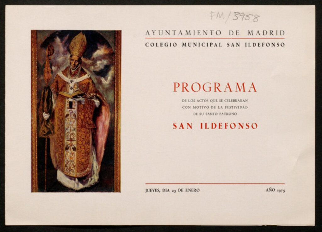Miniatura de Programa de los actos que se celebraran con motivo de la festividad de su santo patrono San Ildefonso : jueves 23 de enero 1975
