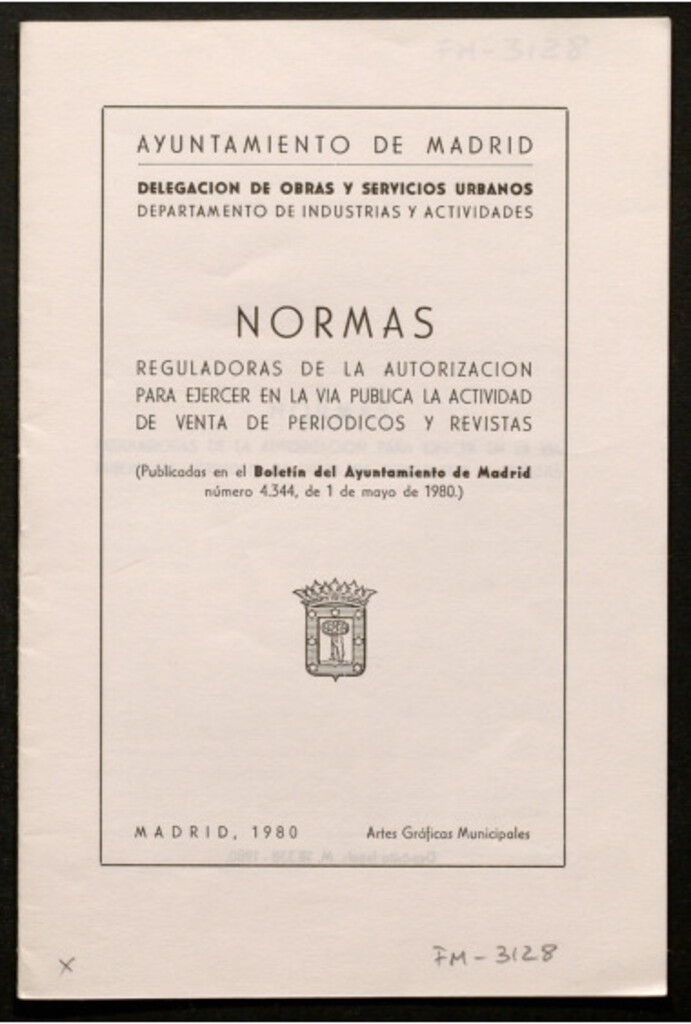 Miniatura de Normas reguladoras de la autorización para ejercer en la vía pública la actividad de venta de periódicos y revistas