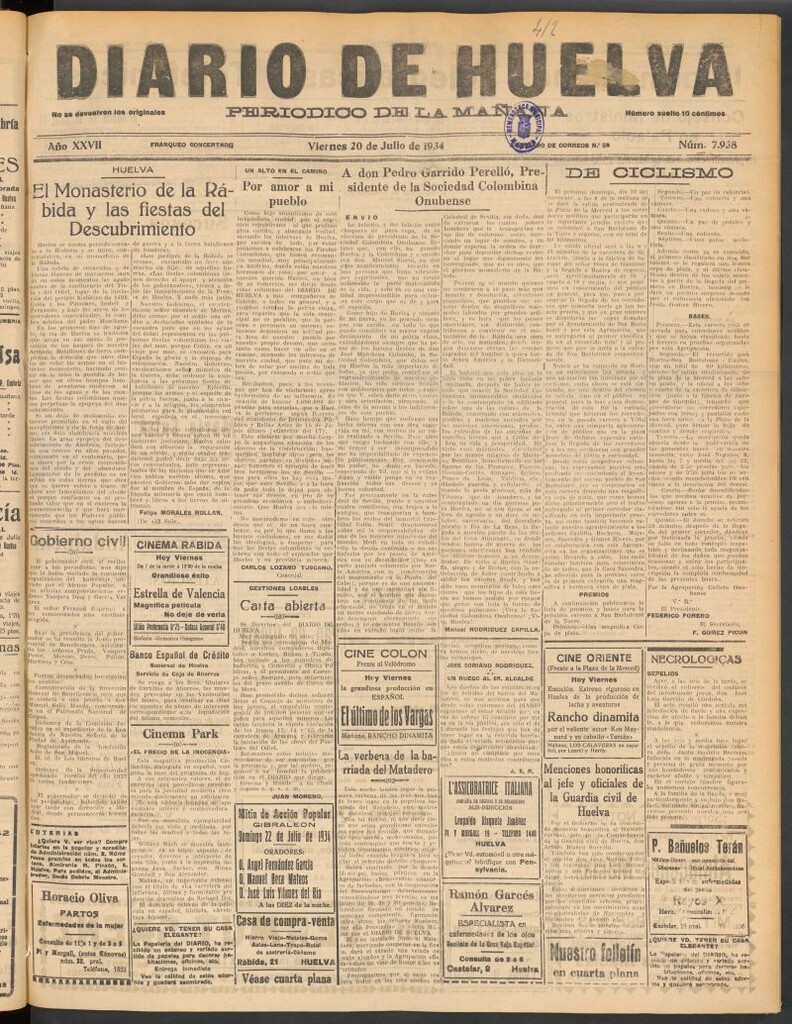 Miniatura de Diario de Huelva : periódico independiente del 20 de julio de 1934