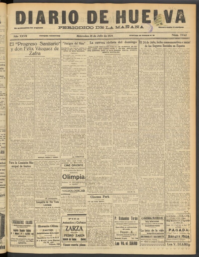 Miniatura de Diario de Huelva : periódico independiente del 25 de julio de 1934