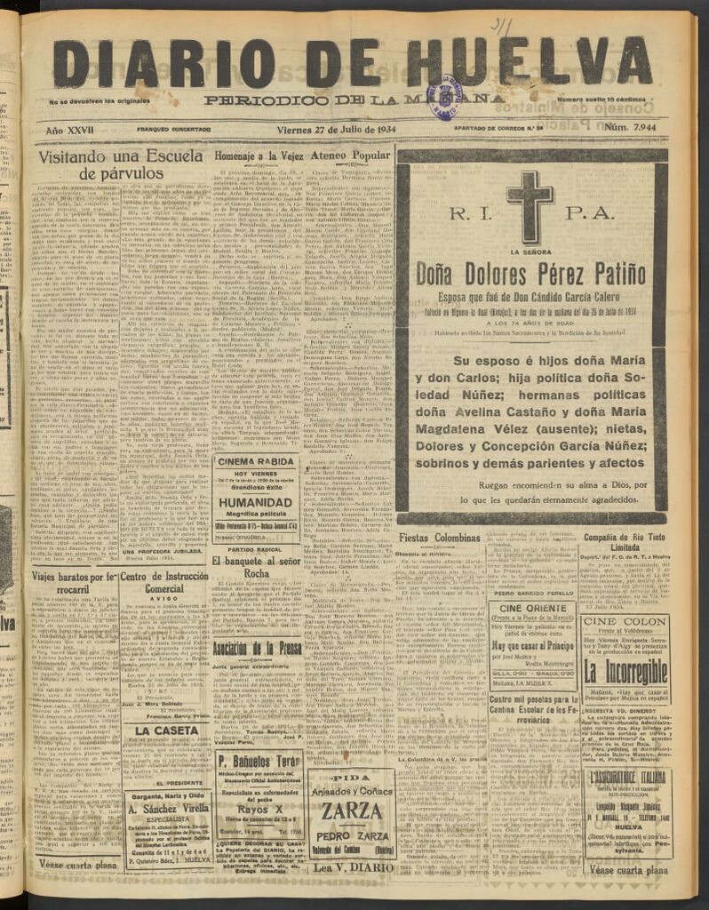 Miniatura de Diario de Huelva : periódico independiente del 27 de julio de 1934