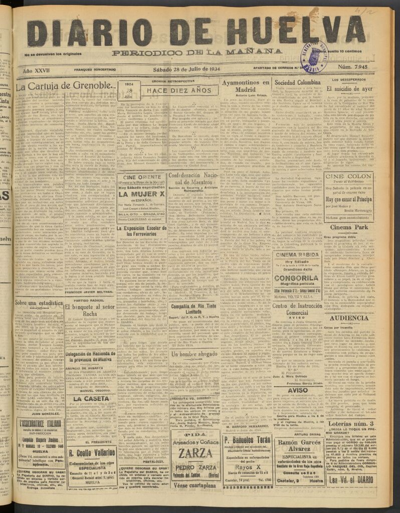 Miniatura de Diario de Huelva : periódico independiente del 28 de julio de 1934