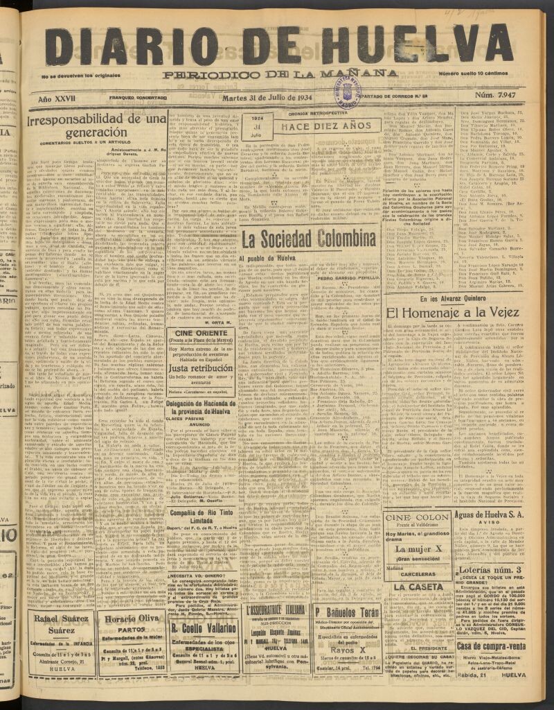 Miniatura de Diario de Huelva : periódico independiente del 31 de julio de 1934
