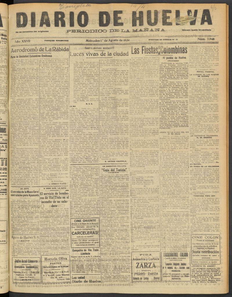 Miniatura de Diario de Huelva : periódico independiente del 1 de agosto de 1934