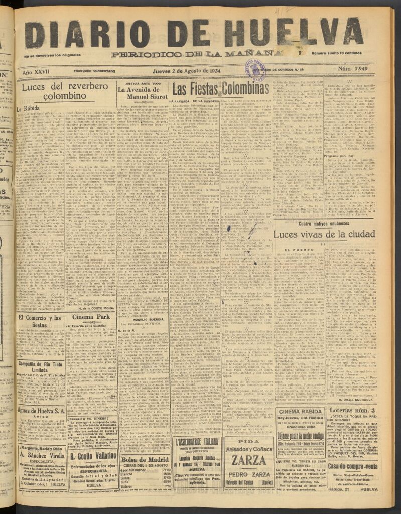 Miniatura de Diario de Huelva : periódico independiente del 2 de agosto de 1934