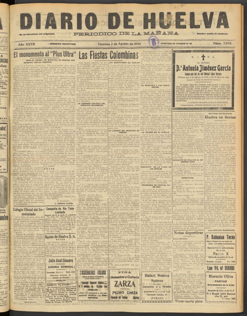 Miniatura de Diario de Huelva : periódico independiente del 3 de agosto de 1934