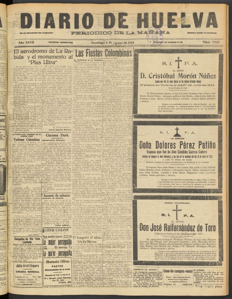 Miniatura de Diario de Huelva : periódico independiente del 5 de agosto de 1934